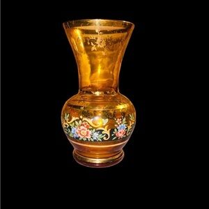 Venetian Murano Amber Small Vase Hand Painted Made In Italy